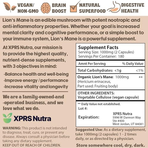 Cápsulas de Leão Orgânico do Cérebro – 360 Unidades (Fornecimento de 180 Dias) de Cápsulas Premium de Cogumelo do Leão do Cérebro para Clareza Mental, Cognição e Imunidade - XPRS Nutra