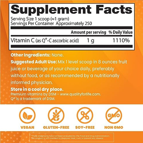 Doctor's BEST - Vitamina C em Pó Doctor’s Best com Q-C, Sistema Imunológico Saudável, Cérebro, Olhos, Coração e Circulação, Articulações, Origem Escócia, 250g