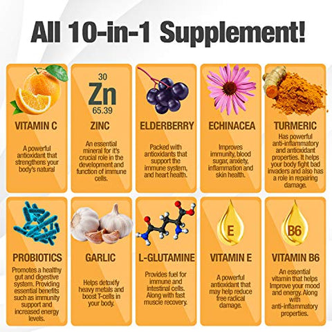 LLC,Rainbow Nutrients - Suplemento de Suporte Imunológico 10 em 1 (Sem Preenchedores) | Vitamina C, Zinco, Sabugueiro, Equinácea, Cúrcuma, Probióticos | Impulsionador da Imunidade para Defesa Imune Multissistêmica, Respiratória