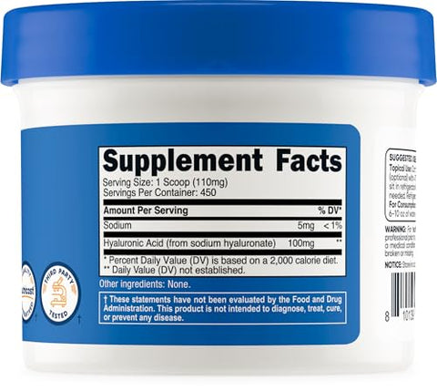 Ácido Hialurônico em Pó 50g – Solúvel em Água, Fino, Sem Glúten, Não-OGM - Nutricost