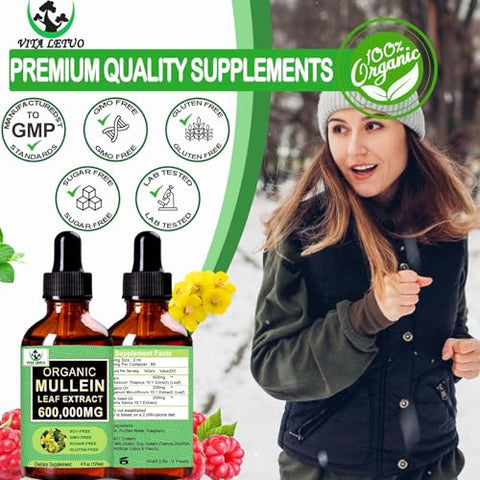 Vita letuo - Extrato de Folha de Verbasco Orgânico para os Pulmões, Gotas de Verbasco 3 EM 1 para os Pulmões c/ Verbasco 6000mg Óleo de Orégano c/ Óleo de Semente Preta, Tintura Líquida de Verbasco sem Álcool para o Sistema Respiratório, 2