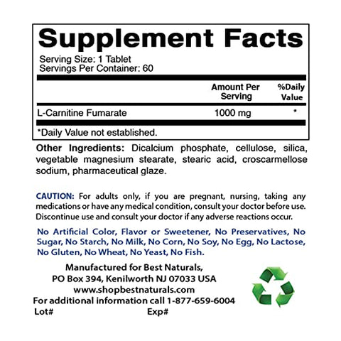 Best Naturals - Melhor Naturals L-Carnitina 1000mg 60 Comprimidos (Pacote com 2) – Marca de Produto