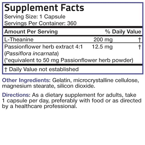 L-Theanine 200mg (Dupla Potência) com Erva de Passiflora, Suplemento para Gerenciamento de Estresse Sem Glúten e Soja, 360 Cápsulas - Bronson