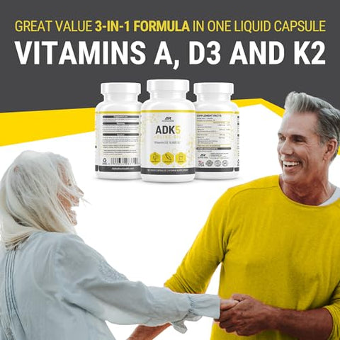ALPHA RISE - ADK Suplemento de Vitamina em Óleo de Oliva para Melhor Absorção | ADK 5 Suplemento com Vitamina A D e K | 5000 UI de Vitamina D3 K2 (MK7 MK4) | 90 Cápsulas Líquidas | Vegetariano |