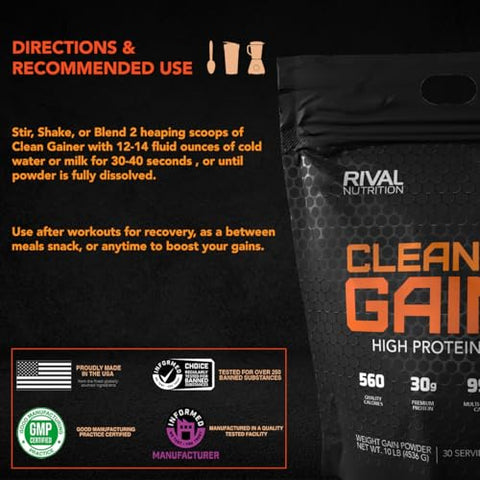 RIVAL NUTRITION - Rivalus Clean Gainer – Soft Serve Vanilla 4,536g – Delicioso Ganho de Massa Magra com Proteínas Lácteas Premium, Carboidratos Complexos e Lipídios de Qualidade, Sem Substâncias Proibidas