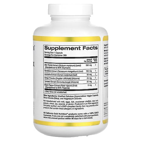California Gold Nutrition - Complexo de Saúde Hepática com Silimarina, Extrato de Cardo Mariano com Curcumina, Alcachofra, Dente-de-leão, Gengibre, Pimenta Preta, Desintoxicação Sinérgica do Fígado – Marca: Silymarin