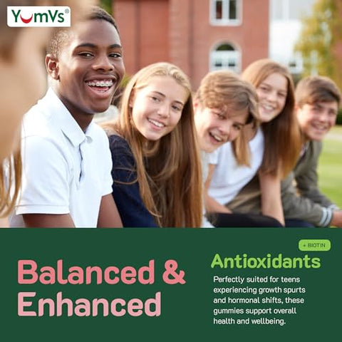 YUM-V'S - YumVs Gomas Multivitamínicas para Adolescentes com Biotina e Antioxidantes – Sabor Framboesa – Suporte para Cabelo, Pele e Unhas – Vitaminas Vegetarianas Kosher para Adolescentes de 12 a 17 anos – Gomas para Adolescentes
