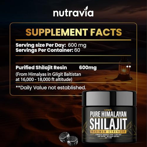 Nutravia - Shilajit Puro Himalaia Orgânico – Fórmula Natural Autêntica Testada em Laboratório para Homens e Mulheres – Sem Metais Pesados – Força Máxima de 600mg com 85 Minerais Traços – Grau Dourado Shilajit