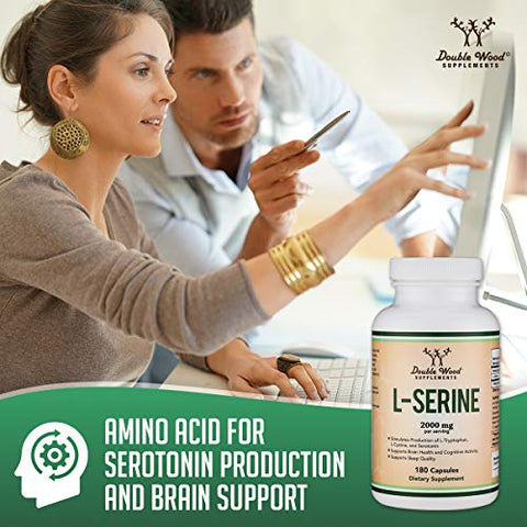 Double Wood Supplements - Cápsulas de L-Serina (Testadas por Terceiros) – 2.000mg por Porção Usadas em Estudo Clínico, 180 Unidades, 500mg por Cápsula (Aminoácido L-Serina para Produção de Serotonina e Suporte Cerebral)