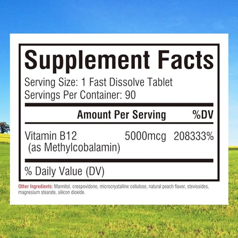 Vitamina B12 5000mcg, Metilcobalamina Vegana, Comprimidos de Dissolução Rápida, Sabor Natural de Pêssego, Suporte à Produção de Energia - Innate Vitality