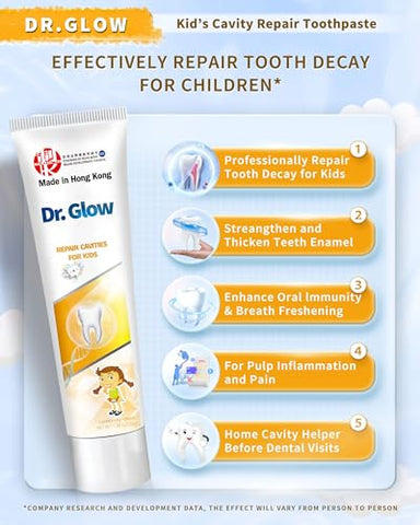 Dr. Glow - Creme Dental Infantil Reparador de Cáries, Creme Dental de Hidroxiapatita sem Flúor, Creme Dental Remineralizante para Reparar Dentes de Crianças, Tratamento para Combater a Cárie Infantil com Sabor de Frutas