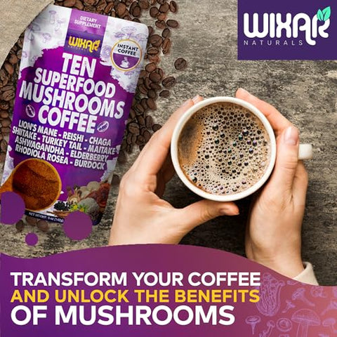 WIXAR NATURALS - WIXAR Café Instantâneo em Pó Superfood de Cogumelo – 10 Extratos Superfood com Lion’s Mane, Turkey Tail, Reishi, Chaga, Shiitake, Ashwagandha, Rhodiola Rosea, Elderberry – 100g