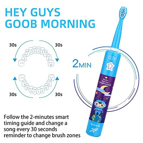 OJV - Escova de Dentes Elétrica Musical 8620 para Crianças, 3 Modos, Temporizador de 2 Min, 6 Cerdas Recarregáveis, Smart Sonic Music, para Meninas de 3 a 14 Anos com Suporte de Parede