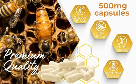 HONEYBEEZONE - Royal Jelly 500 mg – Cápsulas Veganas de Geléia Real de Abelha, Superfood Natural Anti-Envelhecimento e Estimulante Cerebral – 60 Cápsulas de Geléia Real de Abelha