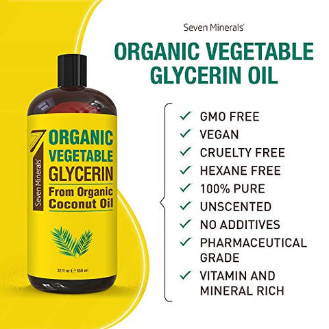 Glicerina Vegetal Orgânica – Frasco Grande de 946 ml – Sem Óleo de Palma, Feito com Óleo de Coco Orgânico – Glicerina de Grau Terapêutico para DIYs – Cabelo, Unhas - Seven Minerals