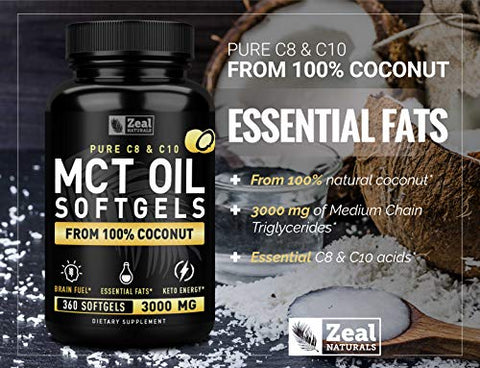 Zeal Naturals - Óleo de MCT Puro em Cápsulas (360 Softgels | 3000mg) Suprimento de 4 Meses – Keto Pills com Coco Não Refinado – C10