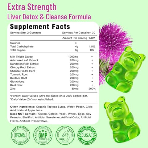 Vazatisi - Gomas Detox Reparadoras para Limpeza do Fígado, Suporte Hepático com Cardo Mariano, Alcachofra, Dente-de-leão, Sabor de Maçã – 120ct