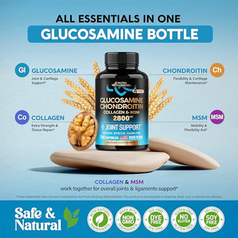 NUTRAHARMONY - Glucosamina Condroitina MSM Colágeno | Elegível FSA HSA | Suplemento Suporte Articular 2800 mg | Fabricado nos EUA | Aprovado FSA | Vitaminas Nutricionais Flexibilidade | Para