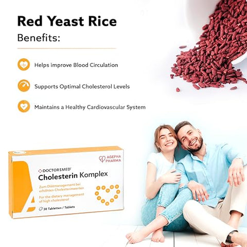 DOCTORSMED - Cholesterin Komplex | 30 Comprimidos Veganos | Suplemento para Manter Níveis de Colesterol | Extrato de Arroz Vermelho com Monacolina K | Sem Glúten, Sem Lactose | Fabricado na Europa