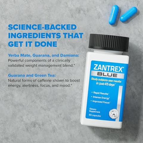Zantrex - Suplemento Blue para Gerenciamento de Peso – Ingredientes Estudados Clinicamente – Suplementos Alimentares – 60 Cápsulas – 30 Porções