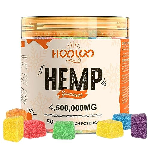 HOOLOO - Hemp Gummies Extra Forte para Adultos – 6 Sabores Frutados Infundidos com Vitaminas, Ômega 3 – Goma de Mascar Mastigável para Noites de Sono Profundo, Concentração, Relaxamento – Pacote com 4 – Fabricado nos EUA