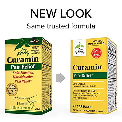Curamin – 21 Cápsulas (Tamanho Viagem) – Alívio Não-Viciante da Dor com Curcumina de Cúrcuma, Boswellia - Terry Naturally