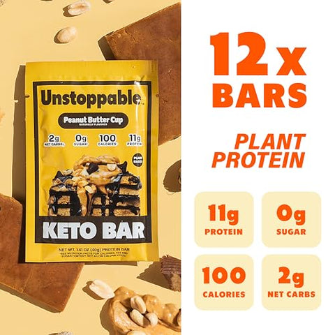 Unstoppable Foods - Barras de Proteína Keto Zero Açúcar UNSTOPPABLE – Sabor Manteiga de Amendoim – Pack com 12 Barras Energéticas – Baixo Carboidrato – Lanches de Baixa Caloria – Alta Fibra, Amigáveis para Diabéticos