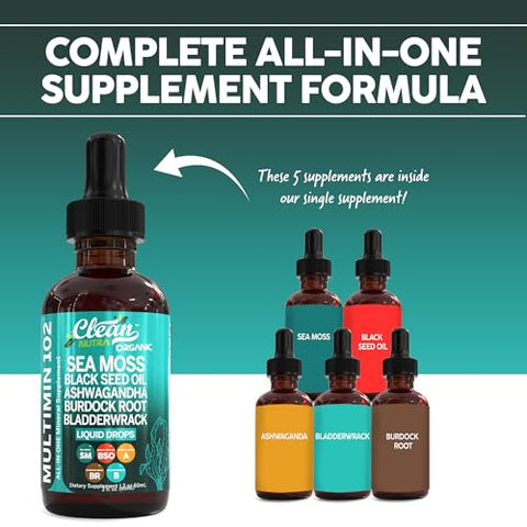 Suplemento Líquido de Musgo do Mar com Óleo de Semente Preta, Ashwagandha e Raiz de Bardana – 30ml - Clean Nutraceuticals