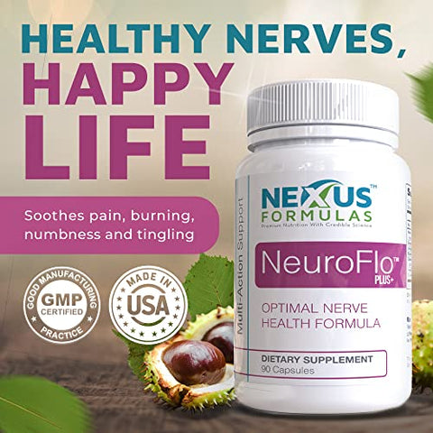 Mizzle - Nexus Formulas NeuroFlo – Suplemento Natural para Problemas de Mãos, Pernas e Pés, com Extrato de Castanha-da-Índia e Outras Ervas, 90 Cápsulas
