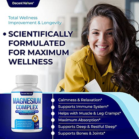 DECENT NATURE - Magnésio Complexo 7 Suplemento de Magnésio Elemental 1000mg – Glicinato, Citrato, Malato, Taurato, Óxido, Aspartato, Orotato Não-OGM 90 Cápsulas