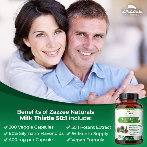 Extrato de Cardo de Leite Orgânico 50:1, 20.000 mg de Potência, 200 Cápsulas Veganas, 80% Flavonoides de Silimarina, Mais de 6 Meses de Fornecimento, Extrato Padronizado e Concentrado 50X - Zazzee