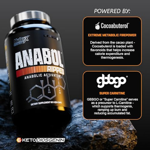 Anabol Ripped – Construtor Muscular Anabólico para Homens, Suplemento 2 em 1 para Ganho de Massa Muscular e Definição, (60 Cápsulas) - Nutrex Research