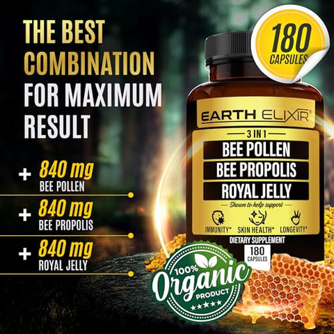 Earth Elixir - Bee Pollen Orgânico 840mg (180 Cáps) 3 em 1 c/ Cápsula de Própolis de Abelha 840mg
