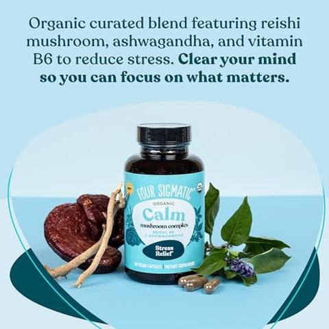 Cápsulas Four Sigmatic Calm | Suplemento Vegano para Alívio do Estresse e Promoção de Humor Positivo com Pó de Ashwagandha Orgânico, Cogumelo Reishi Orgânico, Tulsi (Extrato de Manjericão Sagrado) | 100% Natural e Eficaz