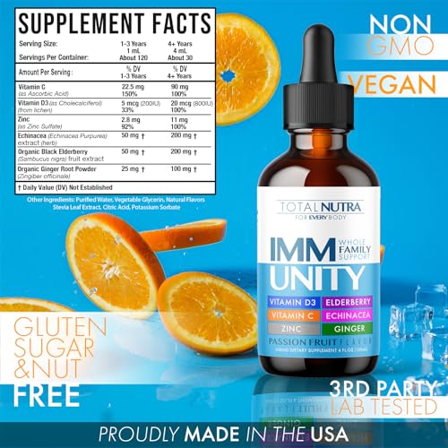 Total Nutra - Total Immune 6-em-1 Suplemento Líquido Multivitamínico | 100%% Diário Zinco, Vitamina D3, Vitamina C Gotas de Imunidade Líquida | Sabugueiro, Equinácea, Gengibre Suporte para Adultos | Marca Total Immune
