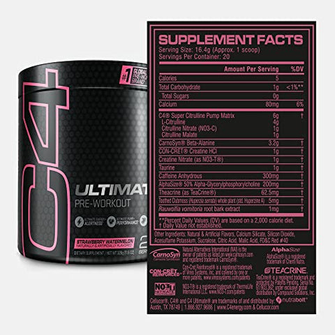 C4 Ultimate Pré-Treino em Pó Sabor Melancia – Energético Pré-Treino Livre de Açúcar para Homens – 300g - Cellucor
