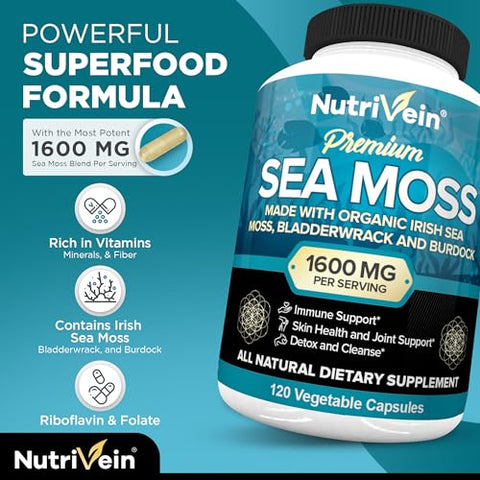 Sea Moss Orgânico 1600mg + Bladderwrack | Algas Marinhas | Saúde e Bem-Estar - Nutrivein