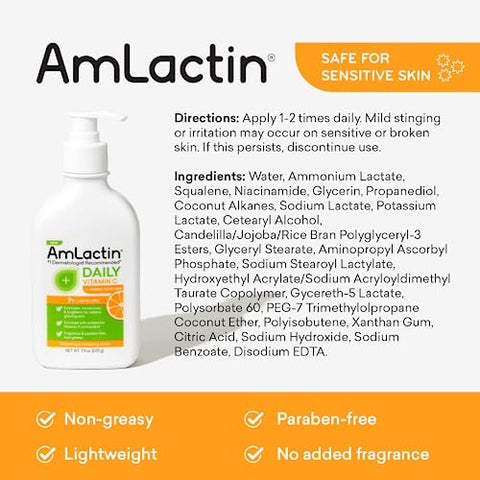Loção Corporal Vitamina C Diária – 7,9 oz (225 ml) com 7% de Ácido Lático – Esfoliante e Hidratante Iluminador para Pele Seca - AmLactin