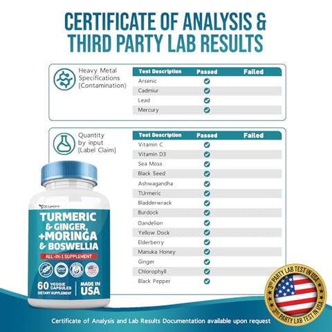 OLLpaten - Turmeric Curcumin 30000mg Moringa 50000mg Ginger 3000mg Boswellia 3000mg Saffron 2000mg – Suplemento All-in-One para Mulheres e Homens com Quercetina, Cereja Tart, 60 Cápsulas