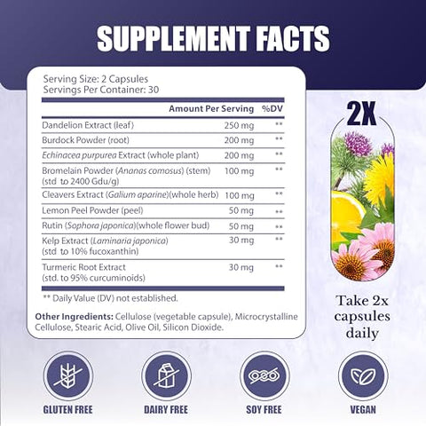 NATION HEALTH MD - Lymph MD – Suplemento para o Sistema Linfático com 9 Botânicos – Dente-de-leão, Bardana, Equinácea, Limão