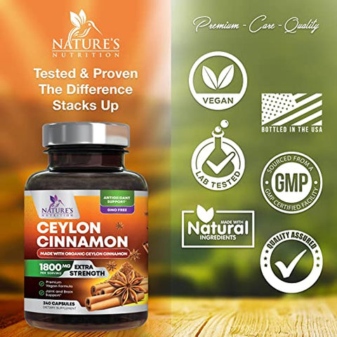 Nature's Nutrition - Cápsulas de Canela Pura Certificada Orgânica, Cápsulas de Canela Ceylon, Sem OGM, Sem Glúten, Sem Lactose, Suplemento em Pó de Canela do Sri Lanka, Melhores Vitaminas Veganas de Cinnamomum True