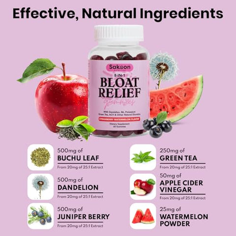 Sakoon nutrition - Sakoon Nutrition – Gummies Alívio de Inchaço para Mulheres – Chá Verde, ACV, Dente-de-leão, Folha de Buchu, Suporte Natural à Digestão, 60 Gummies, Sabor Melancia