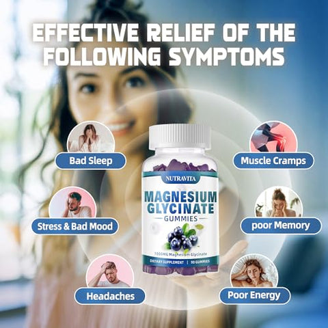nutravita - Magnesium Glycinate Gummies 1000mg com Magnésio L-Treonato, Complexo de Magnésio Quelato de Potássio com VitD, B6, CoQ10, Cálcio, Suporte para Memória, Calma, Humor – 90 Gomas
