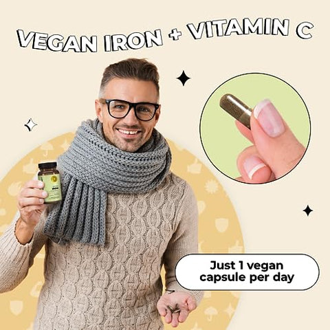 Vegan Iron Supplement with Vitamin C (30 Cápsulas de Ferro) em Frasco de Vidro – Suplemento de Ferro Vegano com Vitamina C para Energia e Concentração - Future Kind