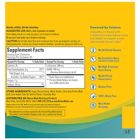 Wellblends Gummies Redutor de Estresse, L-teanina 200mg para Aliviar o Estresse, com GABA 100mg, Suporte ao Estresse no Mesmo Dia, 40 Gomas de Sabor Morango - Nature Made