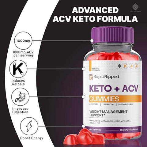 Fuze Naturals - (2 Pacotes) Gomas Rapid Ripped Keto ACV – Suplemento de Vinagre de Maçã 1000mg para Mulheres e Homens, Veganas e Rápidas – RapidRipped Keto