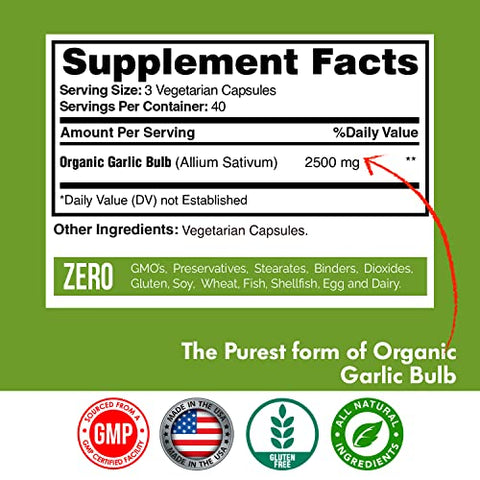 Happi Mi Nutrition - Cápsulas de Alho 2500mg – Feitas com Bulbos de Alho Orgânico, Cultivados na Califórnia EUA – Suporte Natural ao Sistema Imunológico, Suprimento para 40 Dias