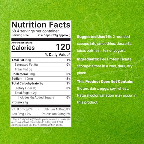 DEAL SUPPLEMENT - Pó de Proteína de Ervilha sem Sabor, 5lbs – Ervilhas Premium da América do Norte – Isolado de Fácil Digestão – Ótimo para Shakes, Barras ou Lanches – Porção de 27g de Proteína