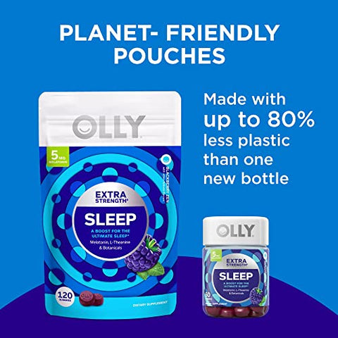 Extra Strength Sleep Gummy – Suporte Ocasional para Dormir, 5 mg Melatonina, L-Teanina, Extratos de Camomila e Melissa, Auxílio para Dormir, Sabor Amora – 120 Unidades - OLLY
