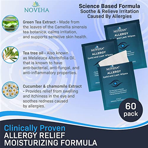 60 Unidades Lenços para Alívio de Alergia nas Pálpebras | Pads de Limpeza Ocular Hipoalergênicos Pré-umedecidos, Reduz Coceira e Vermelhidão - NOVEHA